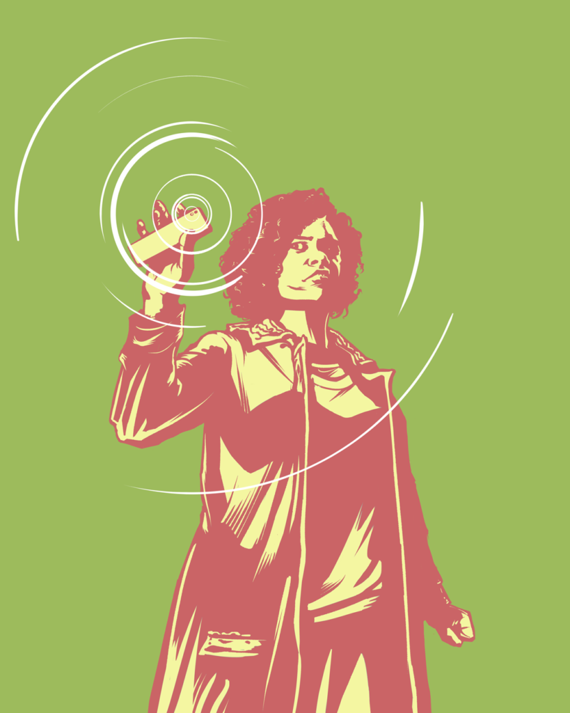 Enid Legman using phone as flashlight, alternate cover art to The Denim Devil #2