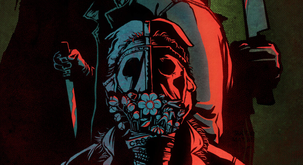 The Denim Devil holding a bouquet of wildflowers wrapped in police tape in front of him, with the Vangler Manger holding a knife behind him, from the cover of The Denim Devil #5.