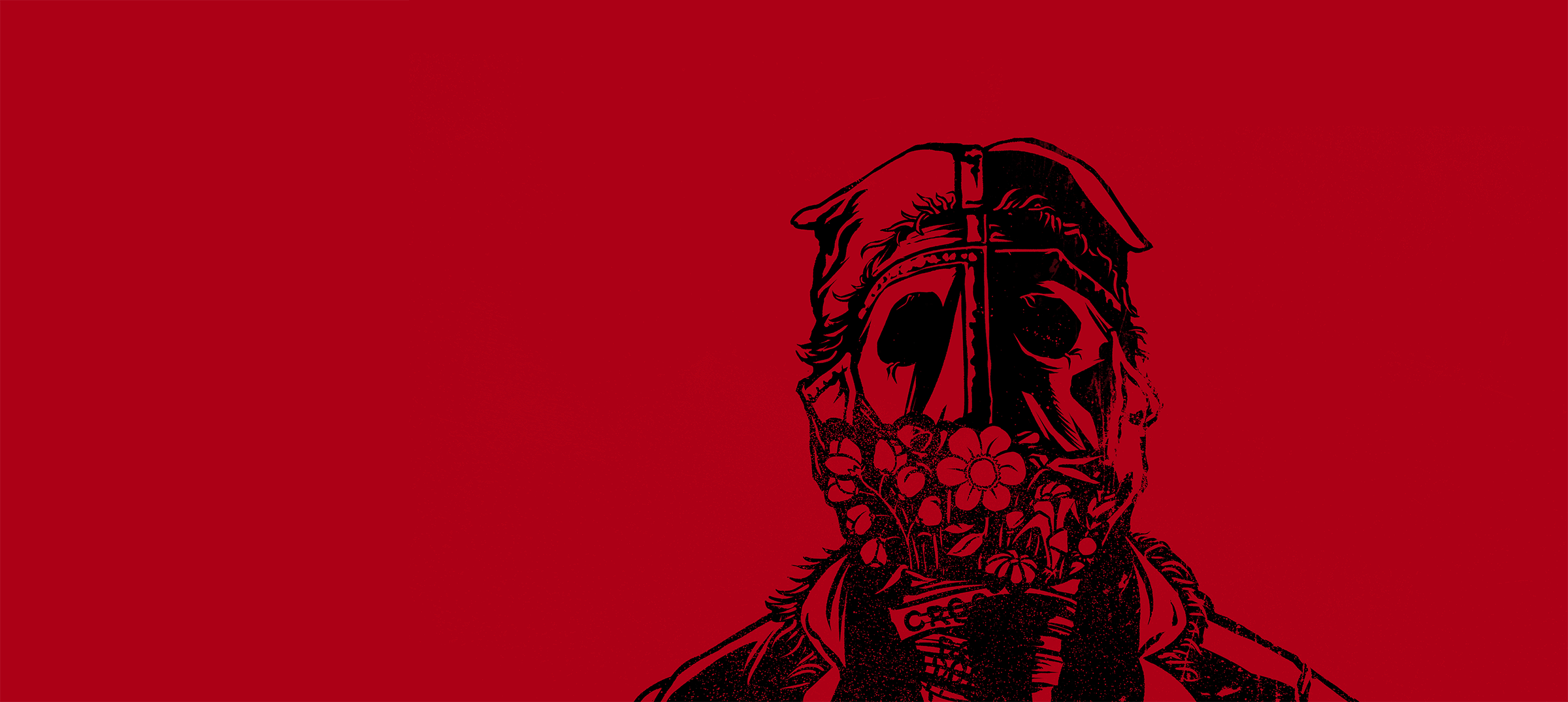 Illustration of the Denim Devil with flowers in front of his face