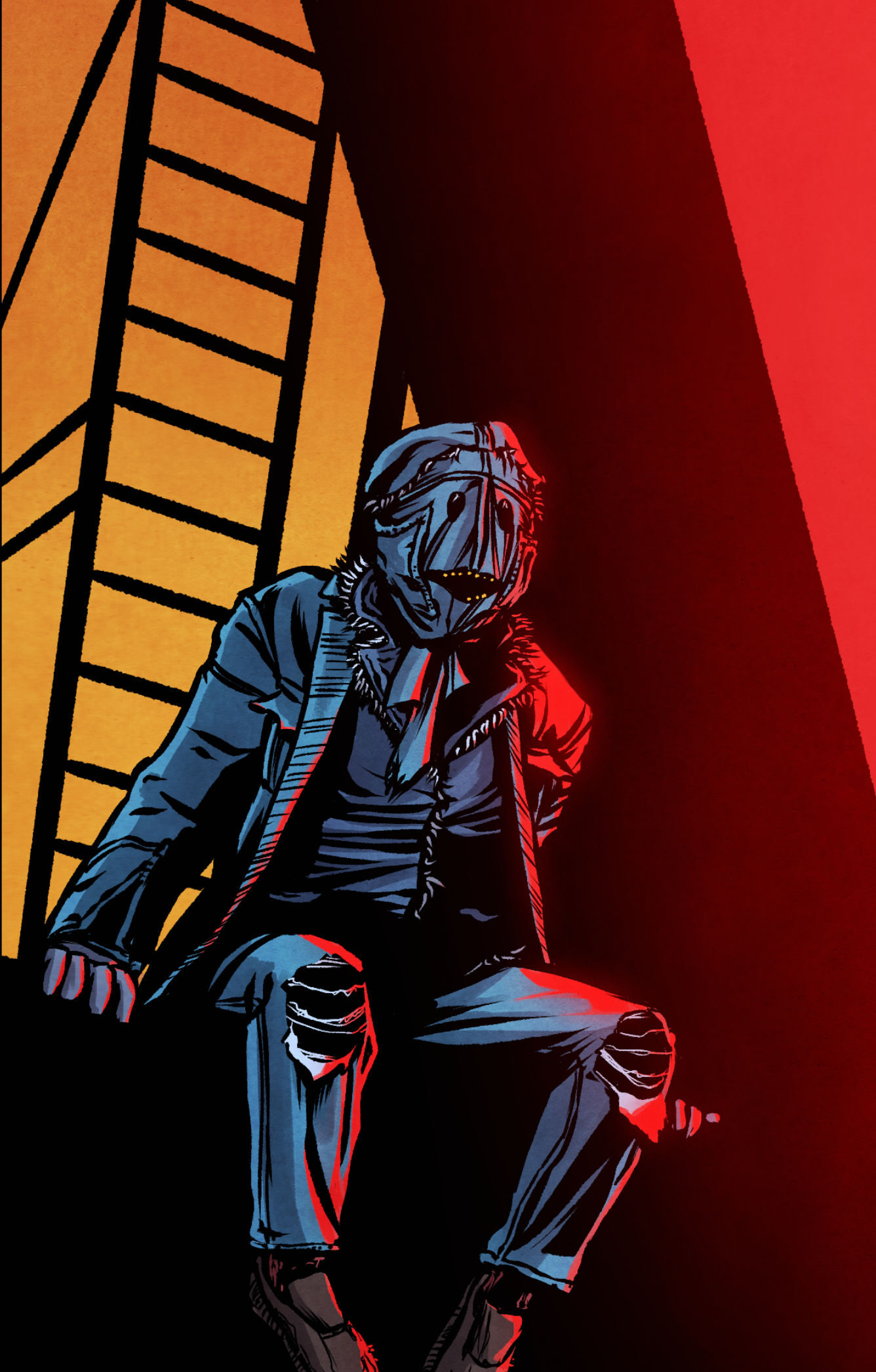 The Denim Devil sitting next to a red neon sign