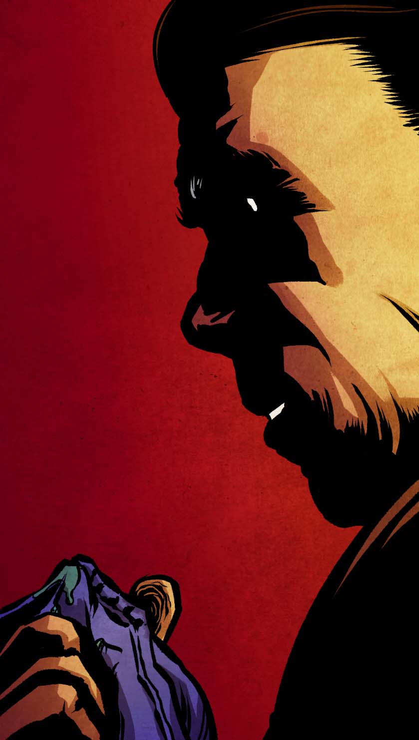 Dusty holds a dirty denim scrap